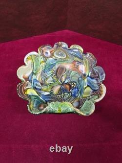 Vintage murano glass bowl 9 Inx 2.5in With Thumb Hook, Scalloped Rim Multi Color