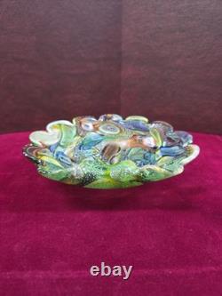 Vintage murano glass bowl 9 Inx 2.5in With Thumb Hook, Scalloped Rim Multi Color