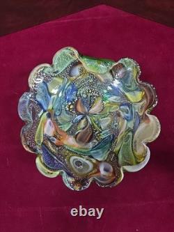 Vintage murano glass bowl 9 Inx 2.5in With Thumb Hook, Scalloped Rim Multi Color