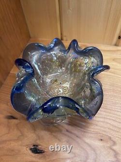 Vintage murano glass bowl Clear, Light Blue With Gold Flecks
