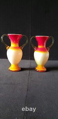 Vintage murano glass vases, sunset, red yellow and orange, from Italy. 9.5in