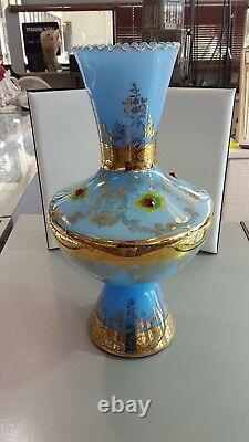 Vintage murano venetian opaline glass vase gold trim appliqued 15 inches tall
