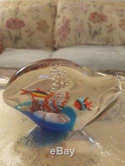 Vintage signed Murano fish aquarium paperweight, Abstract shape approx. 5inx8in