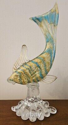 Vntg 1950's Murano Hand Crafted Glass Fish, Gold Threads, 12, Asure, Clear Gold