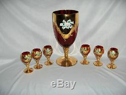 Vntg 7 Pc Murano Hand Blown Red & Gold & Flowers Cordials Goblet Decanter Italy
