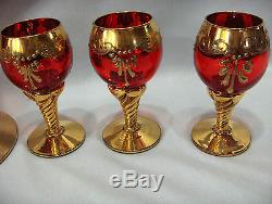 Vntg 7 Pc Murano Hand Blown Red & Gold & Flowers Cordials Goblet Decanter Italy