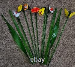 Vtg 11 Murano Style Hand Blown Glass Long Stem Flowers / Stems & Butterfly
