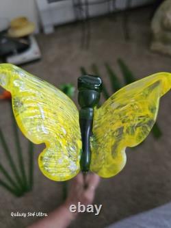 Vtg 11 Murano Style Hand Blown Glass Long Stem Flowers / Stems & Butterfly