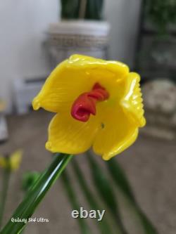 Vtg 11 Murano Style Hand Blown Glass Long Stem Flowers / Stems & Butterfly