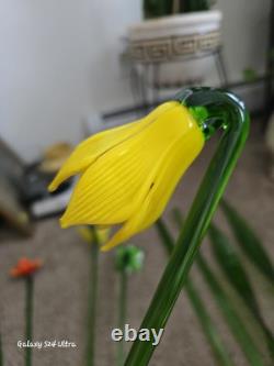 Vtg 11 Murano Style Hand Blown Glass Long Stem Flowers / Stems & Butterfly