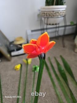 Vtg 11 Murano Style Hand Blown Glass Long Stem Flowers / Stems & Butterfly
