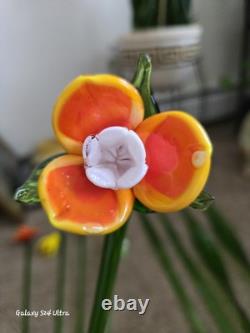 Vtg 11 Murano Style Hand Blown Glass Long Stem Flowers / Stems & Butterfly