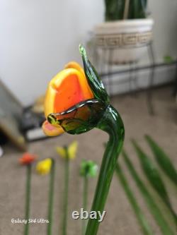 Vtg 11 Murano Style Hand Blown Glass Long Stem Flowers / Stems & Butterfly
