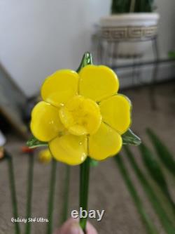 Vtg 11 Murano Style Hand Blown Glass Long Stem Flowers / Stems & Butterfly