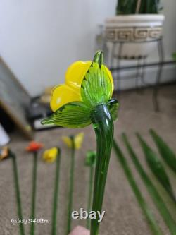 Vtg 11 Murano Style Hand Blown Glass Long Stem Flowers / Stems & Butterfly