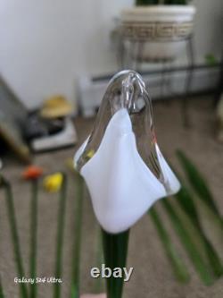 Vtg 11 Murano Style Hand Blown Glass Long Stem Flowers / Stems & Butterfly
