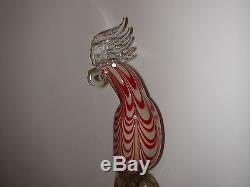 Vtg 15 Murano Red Candy Stripe Cockatoo Parrot Bird Silver Flake Base Art Glass
