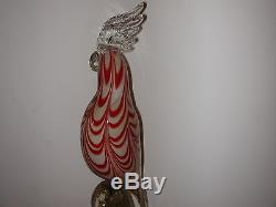 Vtg 15 Murano Red Candy Stripe Cockatoo Parrot Bird Silver Flake Base Art Glass