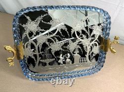 Vtg 1950s Murano Mirrored Glass Vanity Tray with Cobalt Twisted Glass Edge