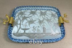 Vtg 1950s Murano Mirrored Glass Vanity Tray with Cobalt Twisted Glass Edge