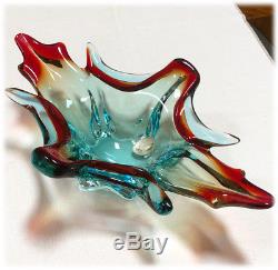 Vtg 1960s Murano Sommerso Art Glass BOWL Red Turquoise Blue ITALY Venetian Label