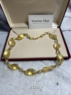 Vtg. 24 Karat Gold Foil & Crystal Clear Murano Glass, Twist necklace 1980's