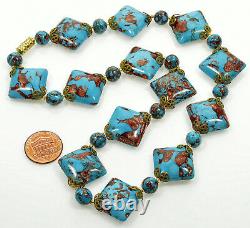 Vtg 50's Murano Venetian Turquoise Aventurine Glass Cushion Bead Necklace