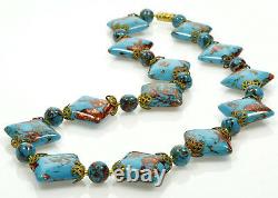 Vtg 50's Murano Venetian Turquoise Aventurine Glass Cushion Bead Necklace