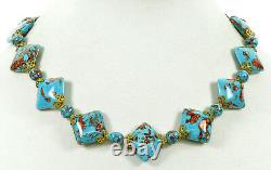 Vtg 50's Murano Venetian Turquoise Aventurine Glass Cushion Bead Necklace