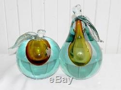 Vtg Alfredo Barbini Murano Sommerso Glass Apple & Pear Bookends Italy Blue Gold
