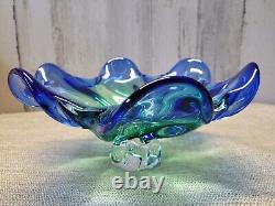 Vtg Art Glass Pedestal Footed Blue Green Large Bowl Center Piece MCM Murano Styl