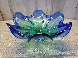 Vtg Art Glass Pedestal Footed Blue Green Large Bowl Center Piece MCM Murano Styl