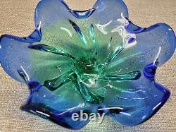 Vtg Art Glass Pedestal Footed Blue Green Large Bowl Center Piece MCM Murano Styl