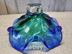 Vtg Art Glass Pedestal Footed Blue Green Large Bowl Center Piece MCM Murano Styl