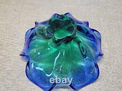 Vtg Art Glass Pedestal Footed Blue Green Large Bowl Center Piece MCM Murano Styl