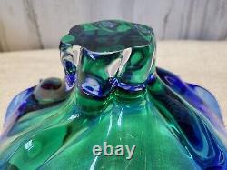 Vtg Art Glass Pedestal Footed Blue Green Large Bowl Center Piece MCM Murano Styl