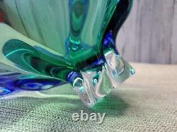 Vtg Art Glass Pedestal Footed Blue Green Large Bowl Center Piece MCM Murano Styl