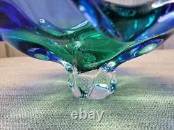 Vtg Art Glass Pedestal Footed Blue Green Large Bowl Center Piece MCM Murano Styl