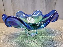 Vtg Art Glass Pedestal Footed Blue Green Large Bowl Center Piece MCM Murano Styl