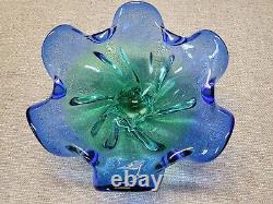 Vtg Art Glass Pedestal Footed Blue Green Large Bowl Center Piece MCM Murano Styl