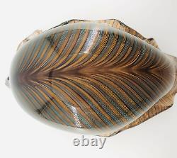 Vtg Art Glass Venini Murano Tyra Lundgren Leaf Rolled Edge Striped Brown Blue