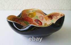 Vtg Dino Martens Murano Tutti Frutti Black Cased Art Glass Bowl Argento 9W MCM