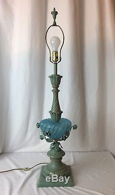 Vtg Italian Murano Glass Table Lamp Turquoise Blue Gold Flower Hollywood Regency