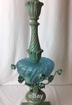 Vtg Italian Murano Glass Table Lamp Turquoise Blue Gold Flower Hollywood Regency