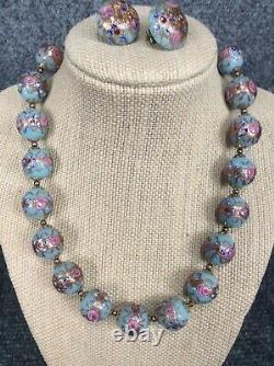 Vtg. Italian venetian murano Pink Blue wedding cake glass bead necklace Earrings