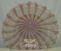 Vtg Large Murano Italy Pink Latticino Ribbon Aventurine 11 3/4 Art Glass Bowl