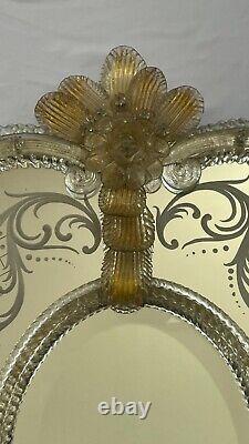 Vtg Large Ornate Venetian Murano Glass Etched Mirror Italy Gold Flowers 22.5