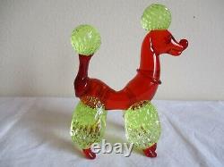 Vtg MURANO Dog POODLE Figurine RED & YELLOW Vaseline ART GLASS Figurine MCM Huge