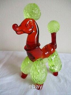 Vtg MURANO Dog POODLE Figurine RED & YELLOW Vaseline ART GLASS Figurine MCM Huge