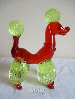 Vtg MURANO Dog POODLE Figurine RED & YELLOW Vaseline ART GLASS Figurine MCM Huge